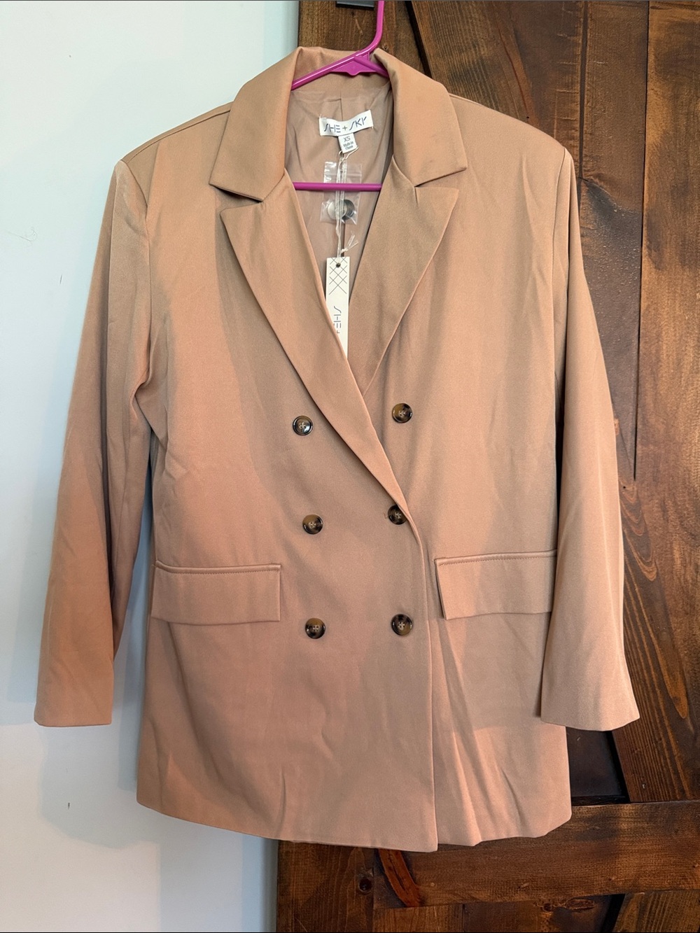 She + Sky Double-Breasted Blazer in Neutral Beige